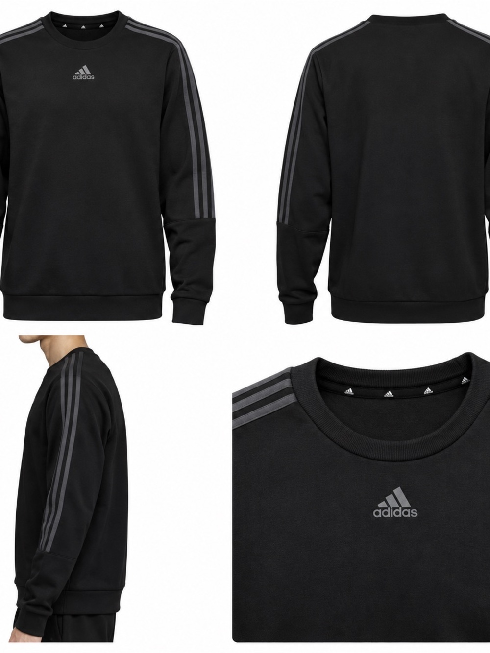 adidas Men’s Black Crewneck Sweatshirt with Gray Three-Stripe Accents